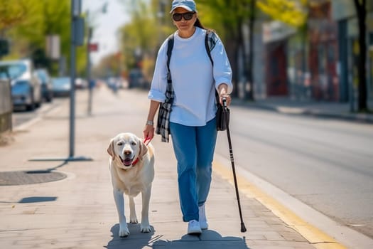A guide dog helps a woman with poor eyesight walk. Generative AI. High quality illustration