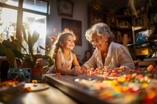 Cheerful grandmother plays with her granddaughter in the room. Generative AI. High quality illustration