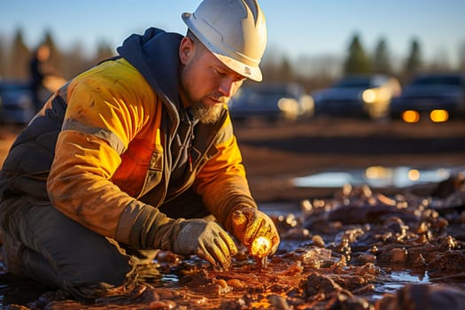 An employee of the drilling team, examines the soil. Generative AI. High quality illustration
