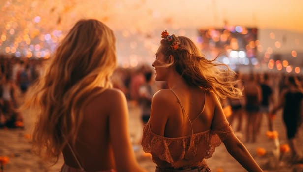 Two female friends dancing and having fun at music festival in the summer. Summer Holiday vacation concept. Happy young woman having fun sunlight bohemian style girls