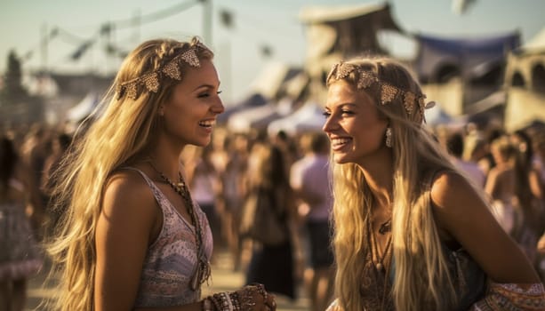 Two female friends dancing and having fun at music festival in the summer. Summer Holiday vacation concept. Happy young woman having fun sunlight bohemian style girls