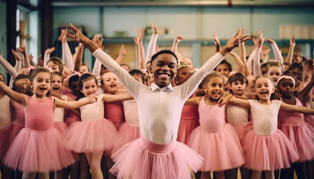 Boy wearing pink tutu skirt and having fun at ballet class with girls on the background. ballet class performance in a studio dancing and learning cute