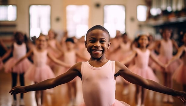 Boy wearing pink tutu skirt and having fun at ballet class with girls on the background. ballet class performance in a studio dancing and learning cute