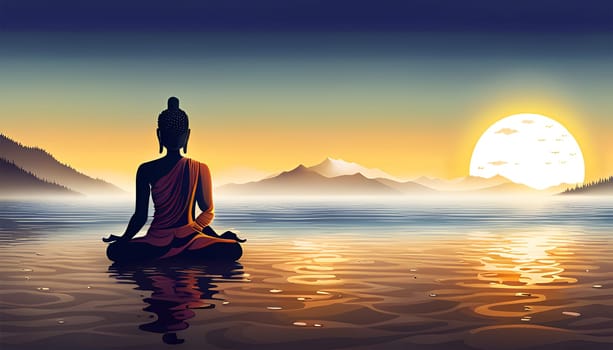 Buddha meditation on water by sunset - Generative AI