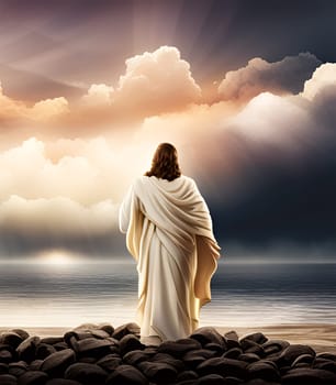 Jesus walking towards the sea by cloudy sunset - Generative AI