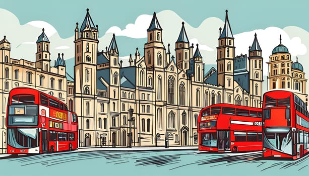 Red buses and buildings in London, England, United Kingdom- Generative AI