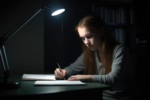 Female Caucasian teenager doing homework in study room studying smart. Generative AI AIG23.