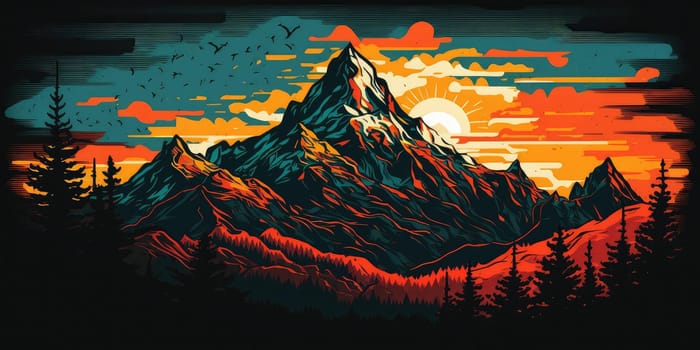 Sunrise over mountains landscape beautiful retro artistic style. superlative generative AI image.