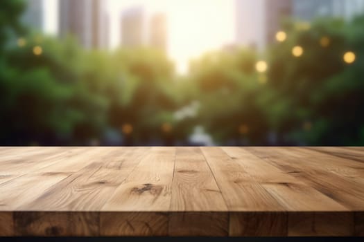 The empty wooden table top with blur background of empty room . Exuberant image.