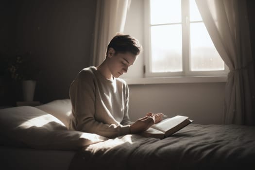 Male Caucasian teenager reading books in bedroom casual relaxing. Generative AI AIG23.