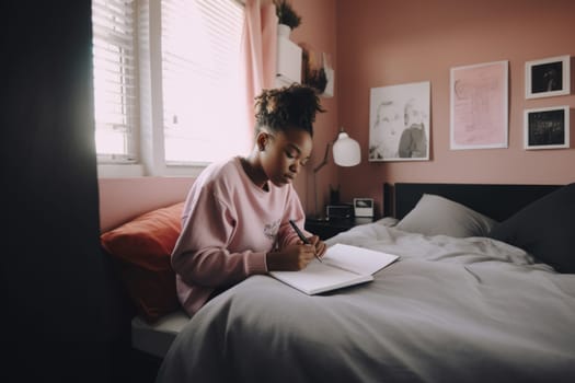 Female African American teenager doing homework in bedroom studying smart. Generative AI AIG23.