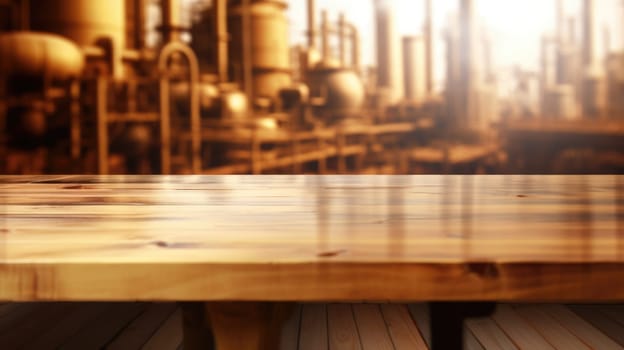 The empty wooden table top with blur background of factory. Exuberant image.