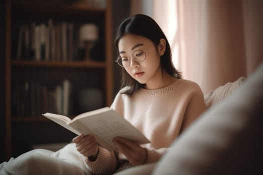 Female Asian teenager reading books in living room casual relaxing. Generative AI AIG23.