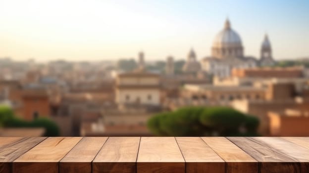 The empty wooden table top with blur background of Rome. Exuberant image.