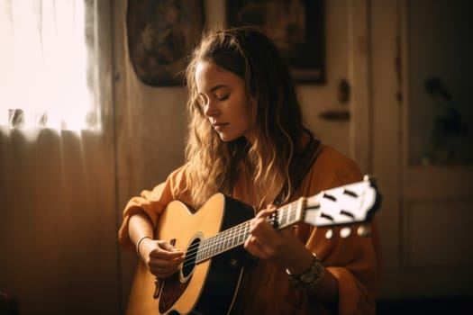 Female Caucasian adult playing guitar in music room activity music. Generative AI AIG23.