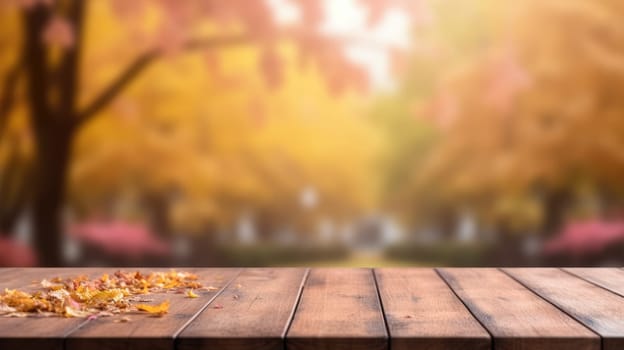 The empty wooden table top with blur background of autumn. Generative AI image AIG30.