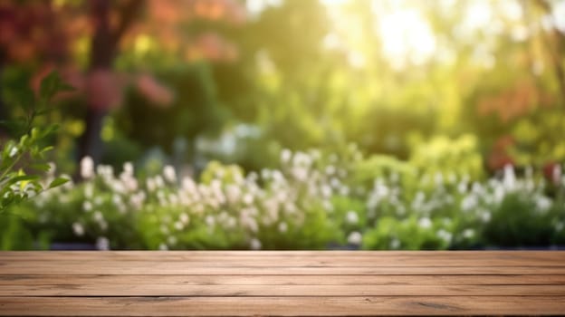 The empty wooden table top with blur background of garden. Exuberant image.