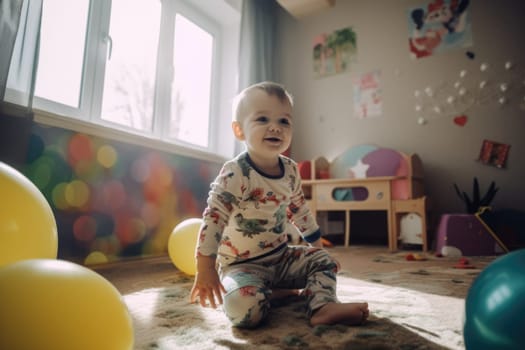 Male Caucasian child playing in playroom fun leggings. Generative AI AIG23.