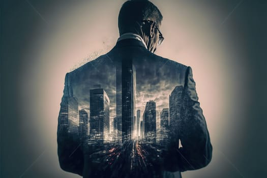 Ambitious businessman in black suit-clad profile with background residential city highrise buildings in double exposure, Successful businesspeople with strategic plans. Superb Generative AI.