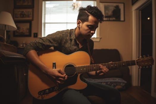 Male Hispanic young adult playing guitar in music room activity music band. Generative AI AIG23.