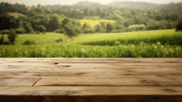 The empty wooden brown table top with blur background of farm and barn. Exuberant image.