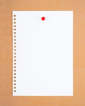 Blank white torn paper note with push pin on brown board background.