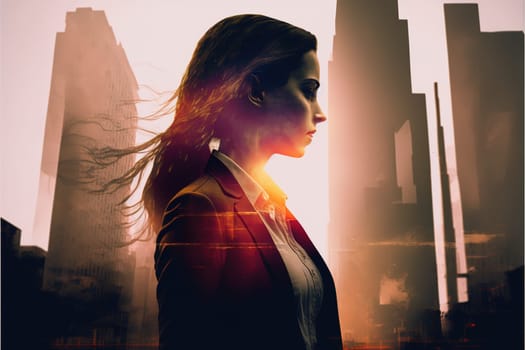 Ambitious businesswoman in black suit-clad profile with background residential city highrise buildings in double exposure, Successful businesspeople with strategic plans. Superb Generative AI.