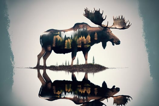 Moose with beautiful antler double exposure with natural background as concept of fertility forest and wildlife live together in peace, explore and adventure in wilderness. Superb Generative AI.