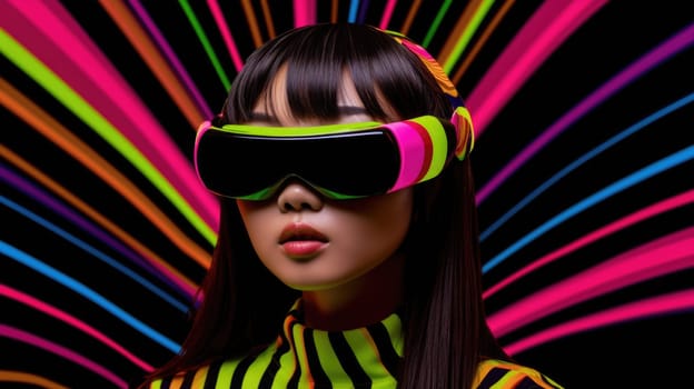 Young female model wearing VR posing with trendy fashion outfit and colorful optical art abstract background. Picturesque generative AI