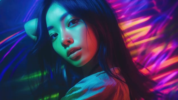 Beautiful model with colorful and trendy outfit with glowing purple green neon light, colorful dyed hair and fashionable asian glitch core teenager girl. Picturesque generative AI