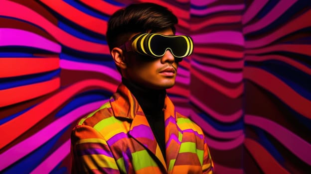 Young male model wearing VR posing with trendy fashion outfit and colorful vibrant glowing pink lime green optical art abstract background. Picturesque generative AI