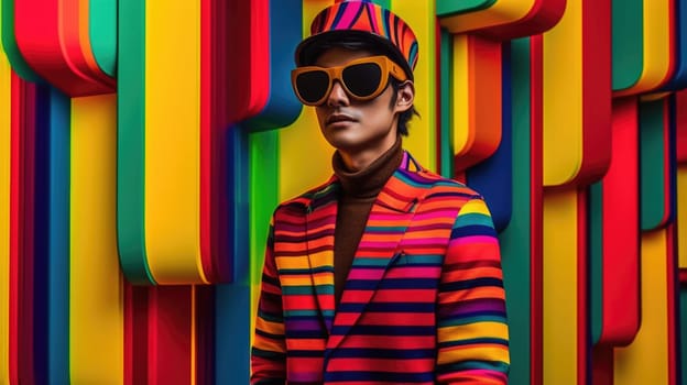 Young male model wearing VR posing with trendy man fashion outfit and colorful red optical art abstract background. Picturesque generative AI