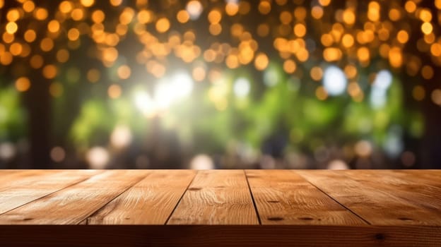 The empty wooden table top with bokeh background. Exuberant image.