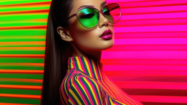Young female model posing with trendy fashion outfit and colorful glowing vibrant green and pink optical art abstract background. Picturesque generative AI