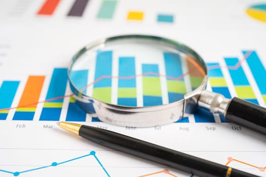 Magnifying glass on graph paper. Financial development, Banking Account, Statistics, Investment Analytic research data economy, Business concept.