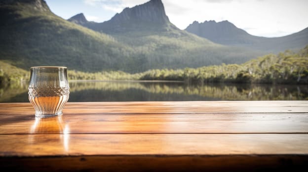 The empty wooden brown table top with blur background of Cradle mountain in Tasmania. Generative AI image AIG30.