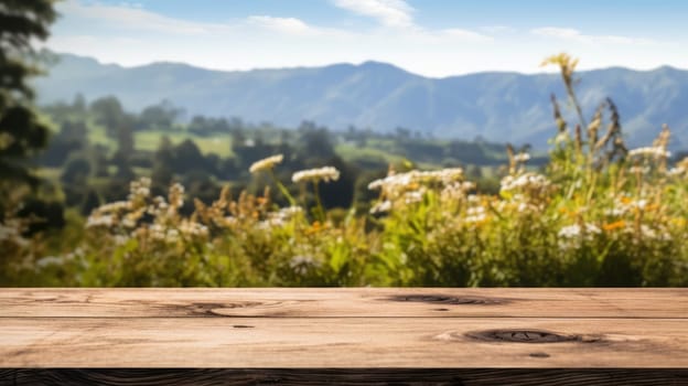 The empty wooden brown table top with blur background of New Zealand nature. Exuberant image.