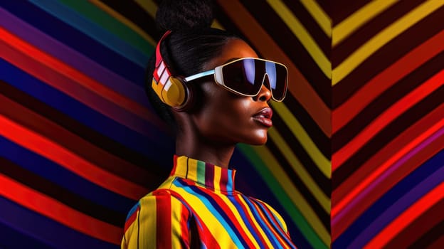 Young african female model posing with trendy fashion outfit and colorful optical art abstract background. Picturesque generative AI