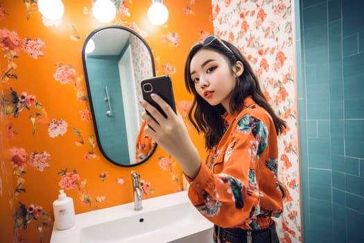 Female Asian teenager taking selfies in bathroom trendy. Generative AI AIG23.