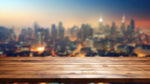 The empty wooden table top with blur background of cityscape. Exuberant image.