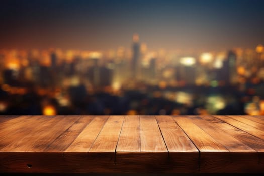 The empty wooden table top with blur background of city skyline. Exuberant image.