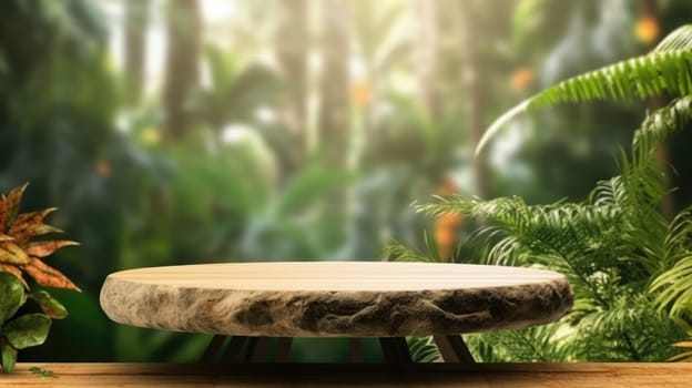 A flat rock empty table for product display with blur background of tropical jungle. Generative AI AIG30.