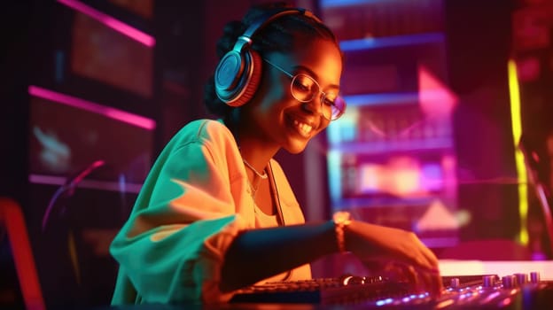 candid an excited DJ young african woman mixing music at turntables with headphones. beautiful Generative AI AIG32