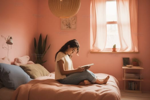 Female Hispanic teenager reading books in bedroom casual relaxing pastel. Generative AI AIG23.