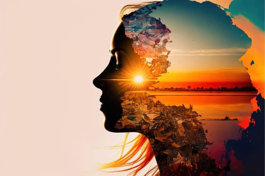 Double exposure image woman portrait with the orange sunset for peaceful mind and psychological concept. Meditative and healthy mental therapy abstract art. Superb Generative AI