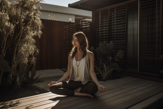 Female Caucasian adult doing yoga patio exercise healthy. Generative AI AIG23.