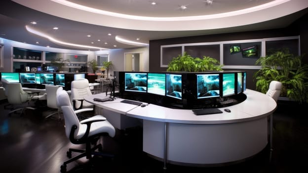 Inspiring office interior design Tech-inspired style Corporate Office featuring High-tech equipment architecture. Generative AI AIG 31.