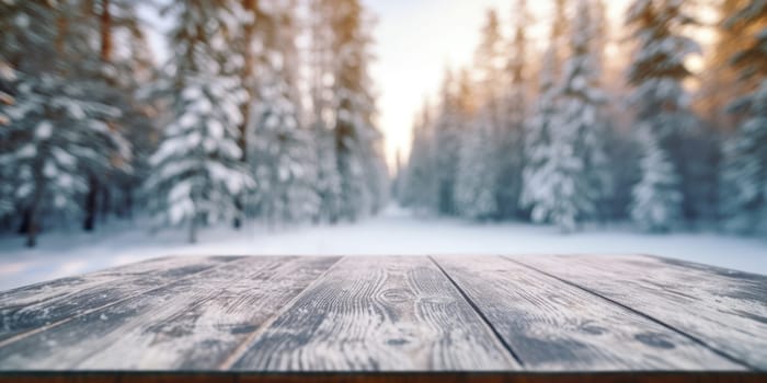 The empty wooden table top with blur background of winter in Finland. Exuberant image.