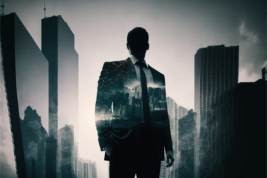 Ambitious businessman in black suit-clad profile with background residential city highrise buildings in double exposure, Successful businesspeople with strategic plans. Superb Generative AI.