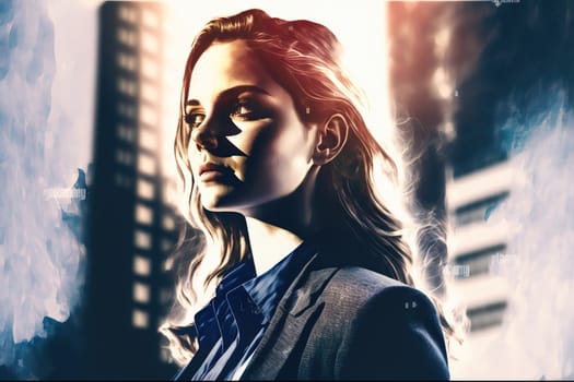 Ambitious businesswoman portrait in black suit-clad with background residential city highrise buildings in double exposure, Successful businesspeople with strategic plans. Superb Generative AI.